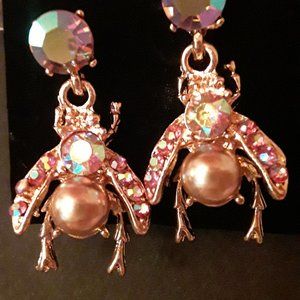Rhinestone and Pearl Insect Dangle Earrings